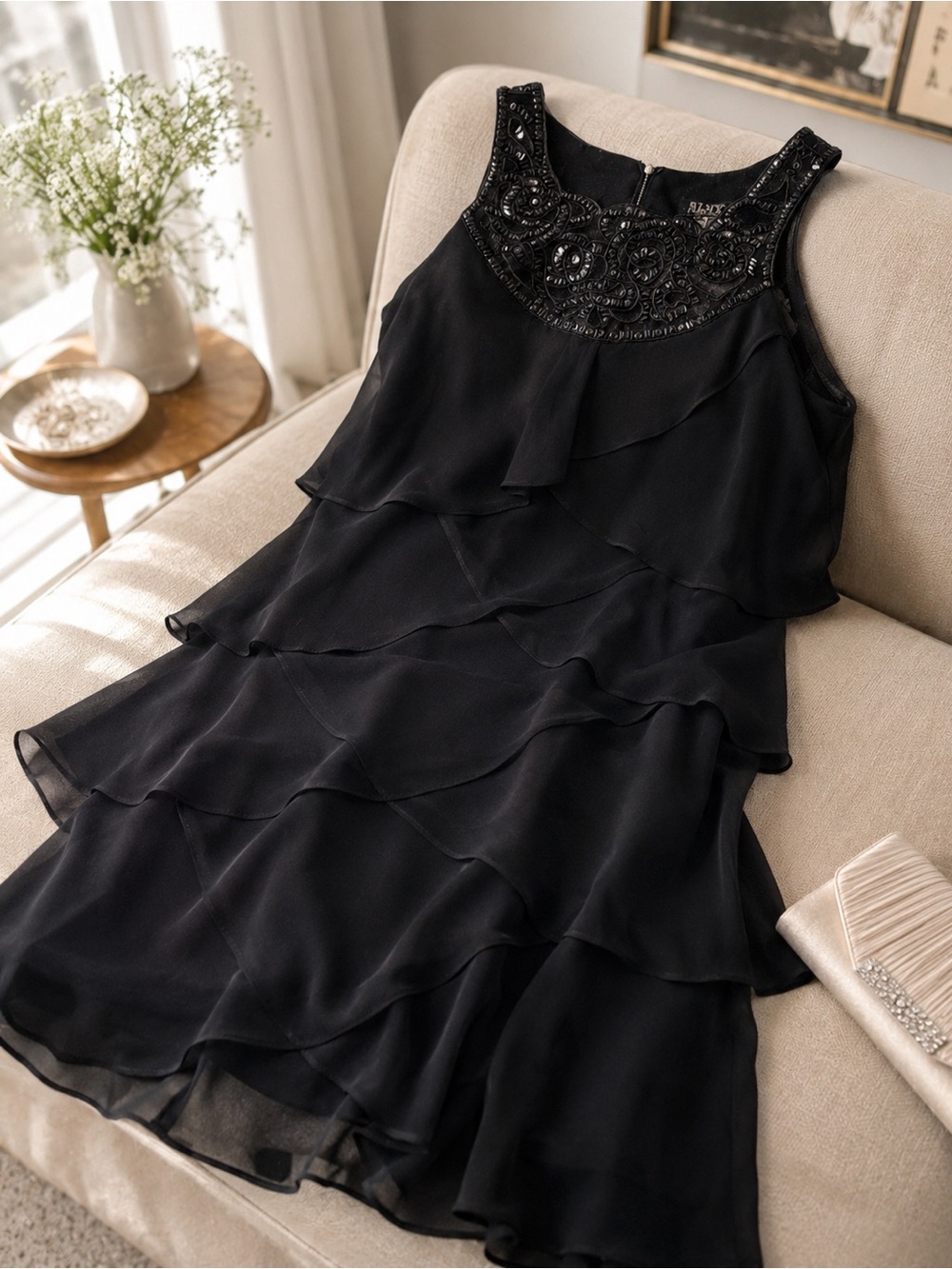 SLNY Black Beaded Tiered Chiffon Cocktail Dress Size 12 Evening Wear